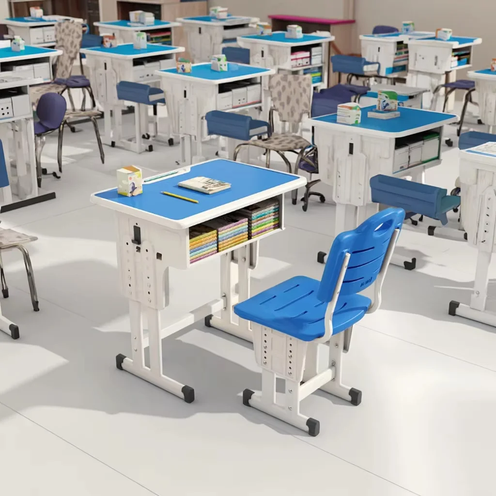 Adjustable-Height Steel-Frame Student Desk and Chair Set