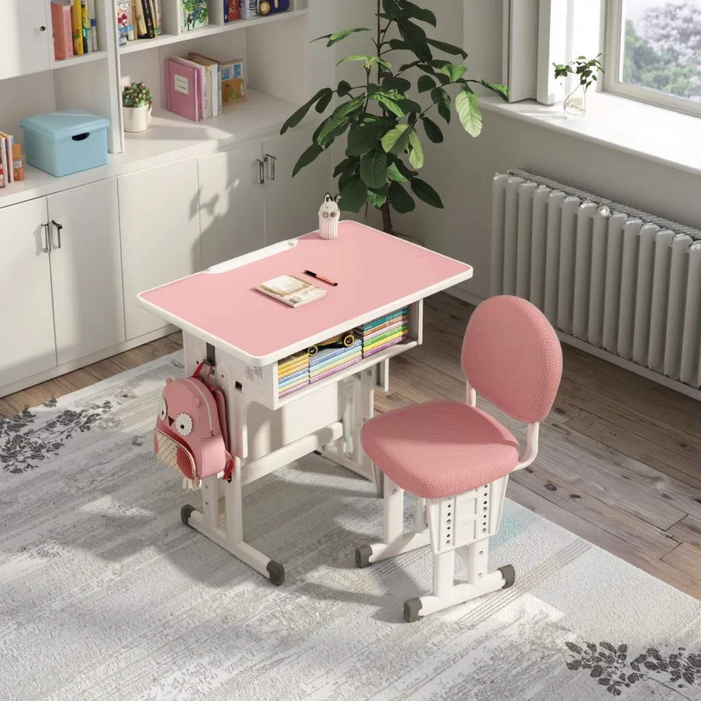 Adjustable-Height Steel Student Desk and Chair Set with Cushioned Seat - Image 2