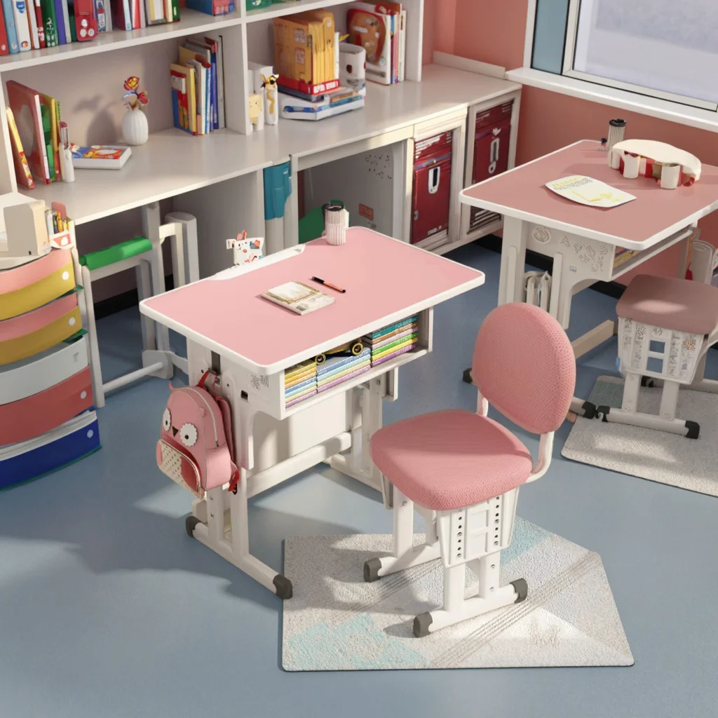 Adjustable-Height Steel Student Desk and Chair Set with Cushioned Seat - Image 3