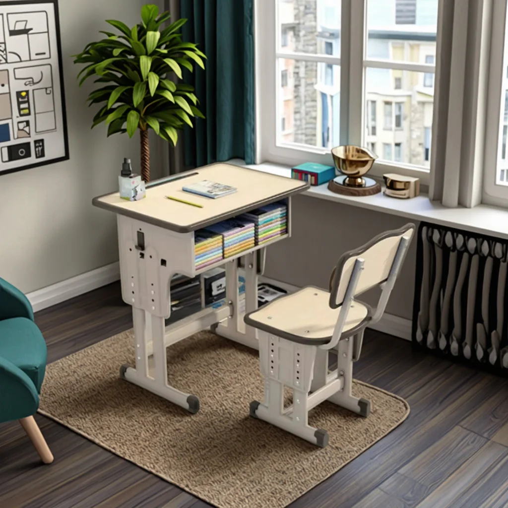 Adjustable-Height Student Desk and Chair Set with Drawers