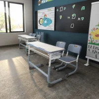Adjustable-Height Two-Seat Steel-Frame Student Desk and Chair Set with Storage