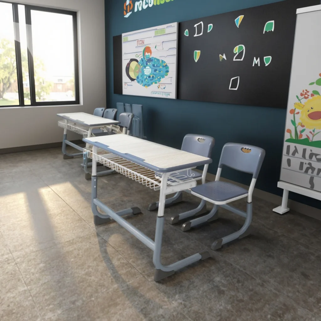 Adjustable-Height Two-Seat Steel-Frame Student Desk and Chair Set with Storage